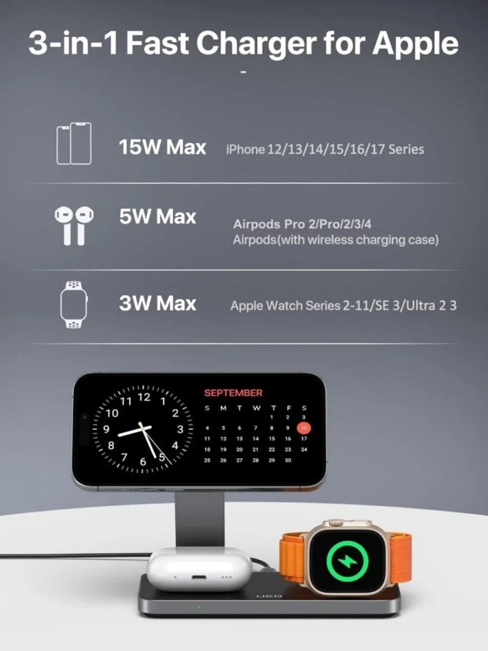 3-in-1 Foldable Wireless Charging Station for iPhone, AirPods & Apple Watch
